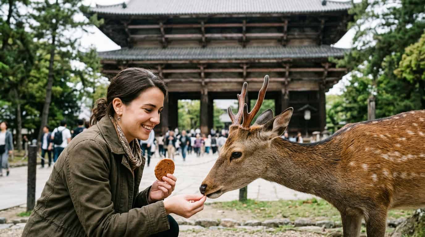 A close-up of a sika deer in Nara Park gently