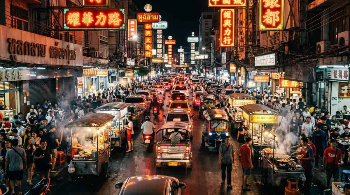 A dizzying, wide-angle street photography shot of Yaowarat Road at