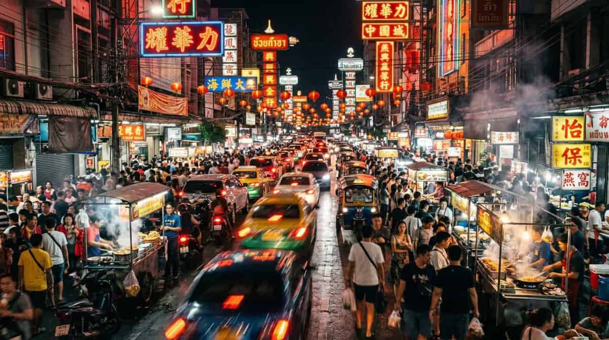A dizzying, wide-angle street photography shot of Yaowarat Road at