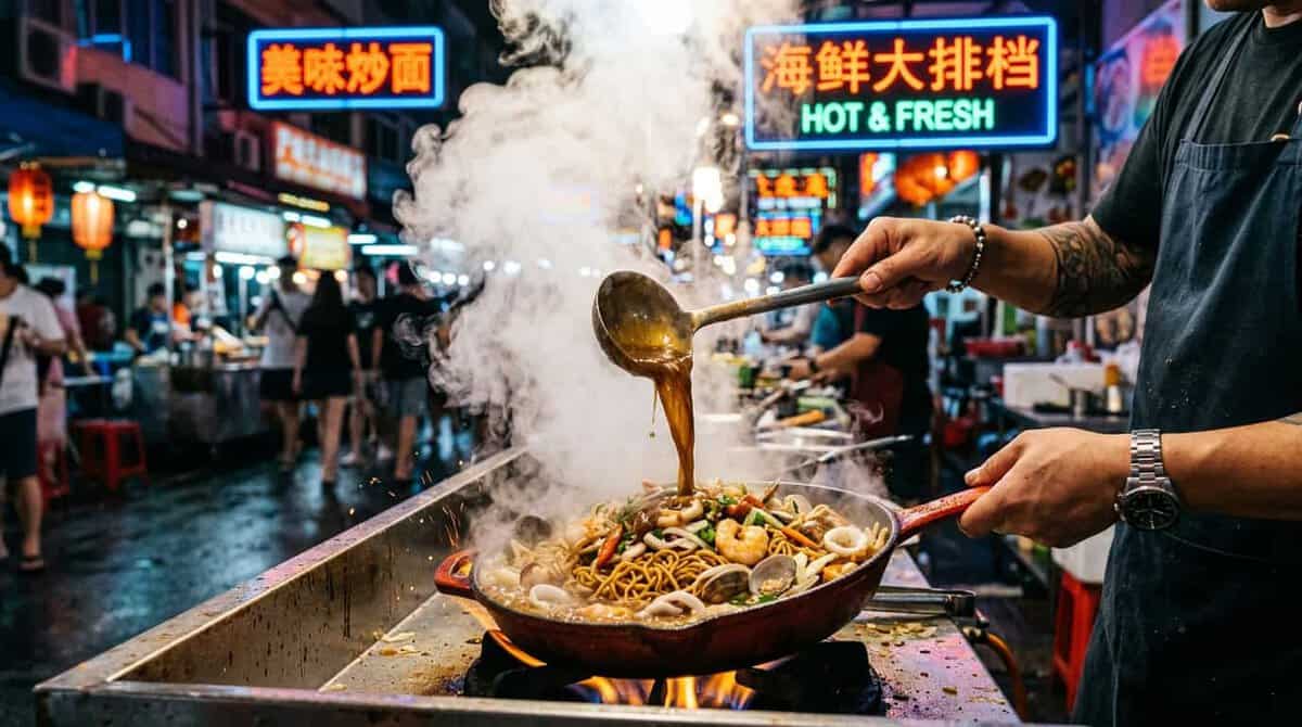A close-up, action shot of a street food vendor pouring