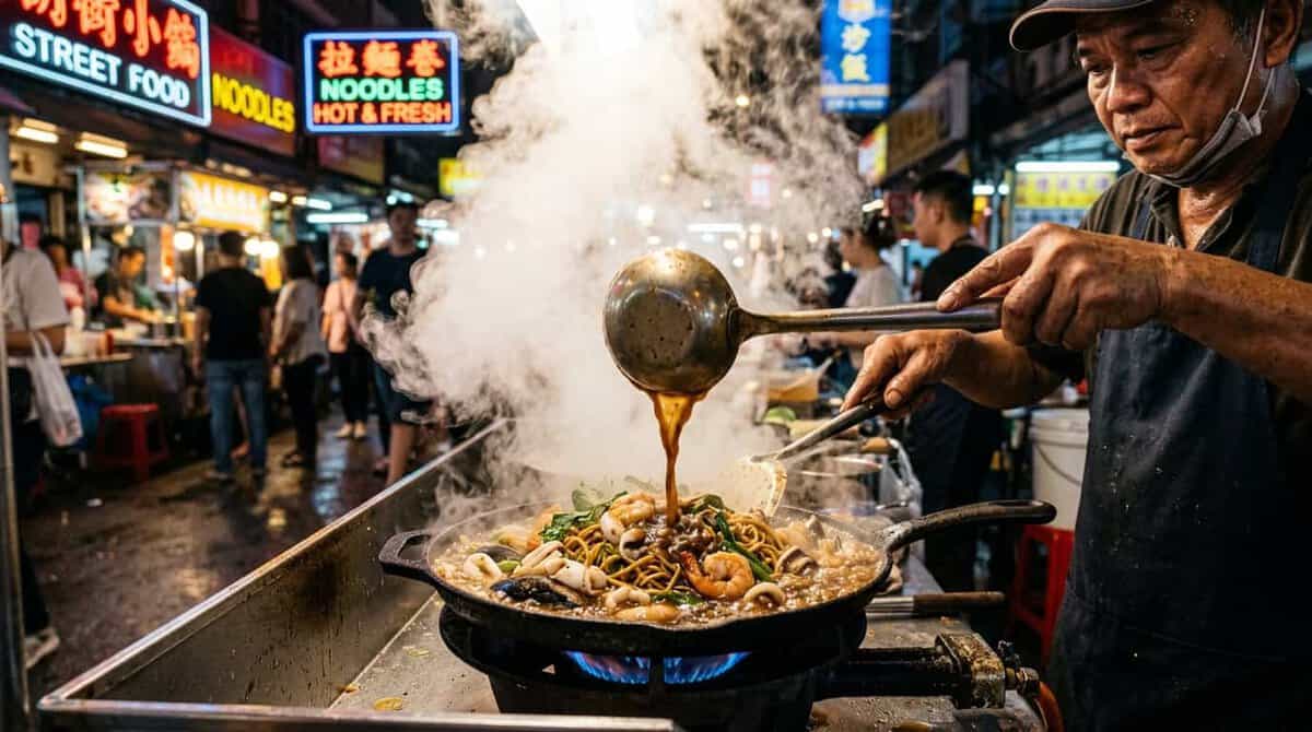 A close-up, action shot of a street food vendor pouring