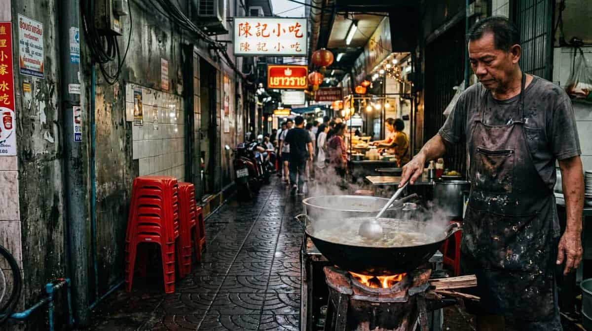 A ground-level perspective shot looking down a narrow, wet alleyway
