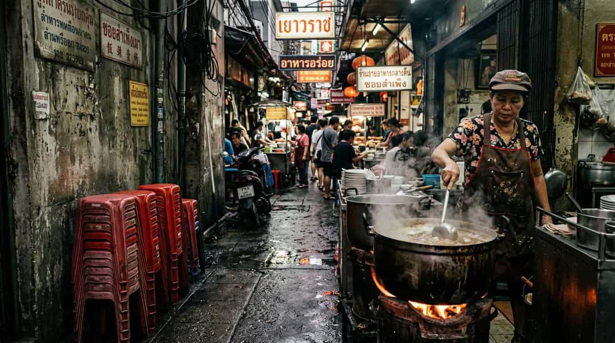 A ground-level perspective shot looking down a narrow, wet alleyway
