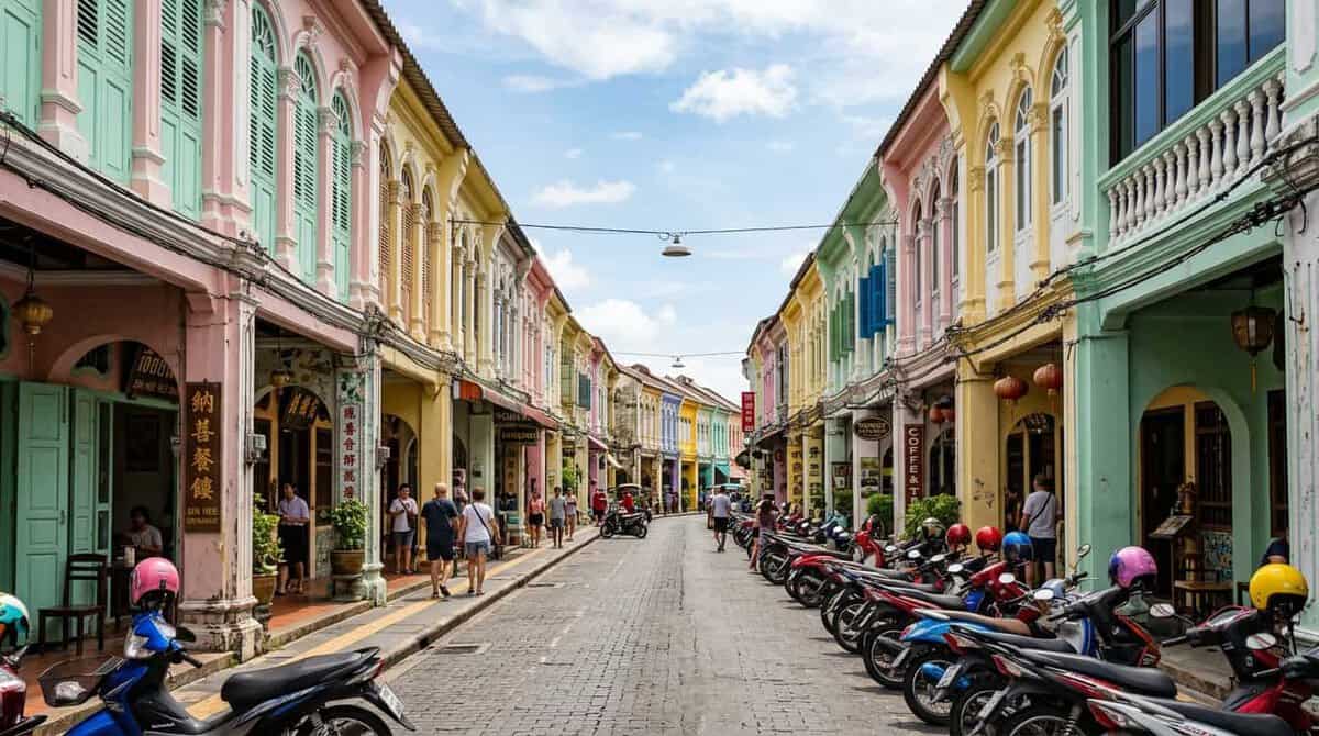 A wide shot looking down a narrow street flanked by