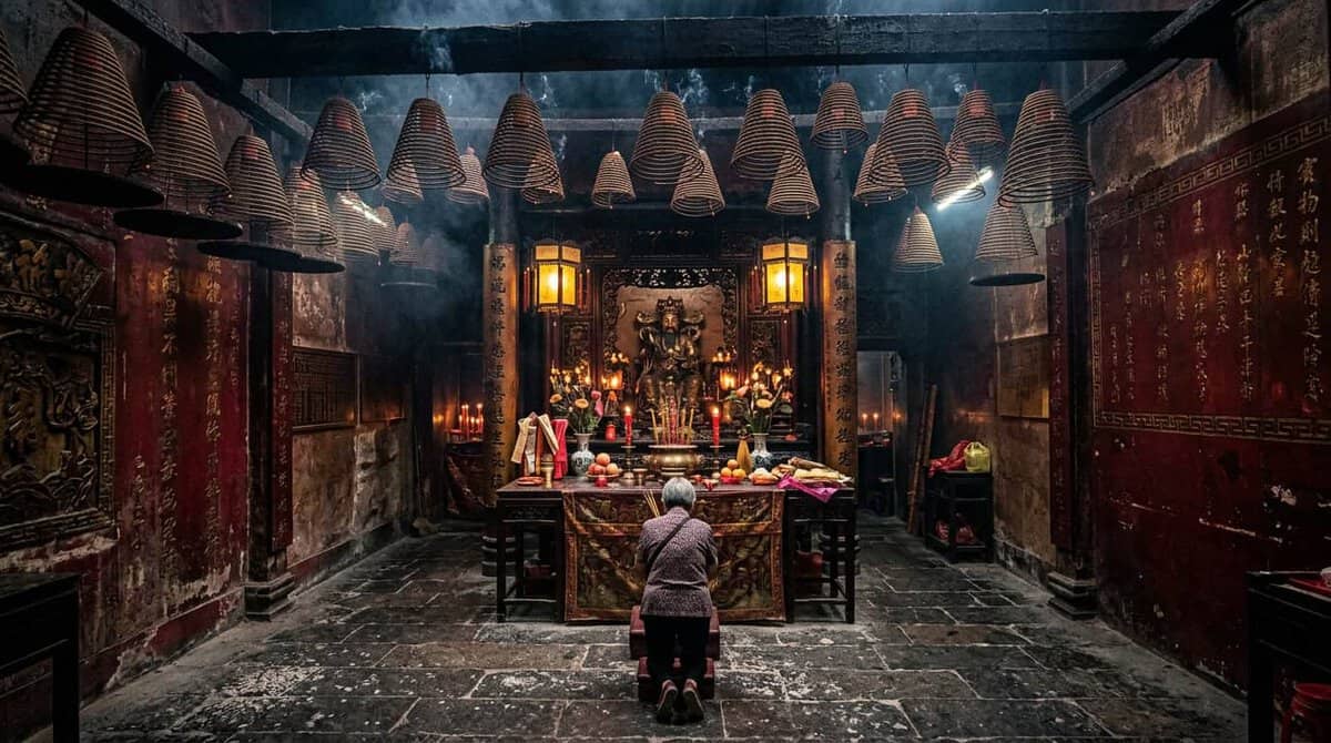 A moody, slightly dark interior of a Chinese shrine. Thick