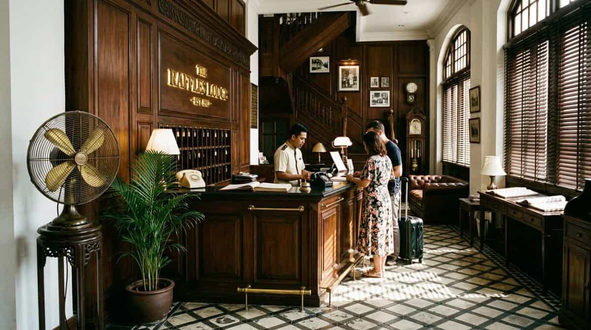A vintage hotel reception area featuring dark, polished teak wood