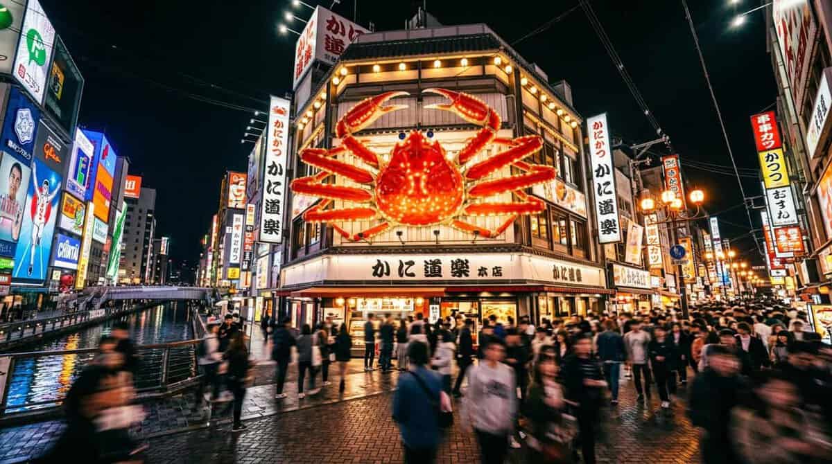 A low-angle night shot of the bustling Dotonbori street, focusing
