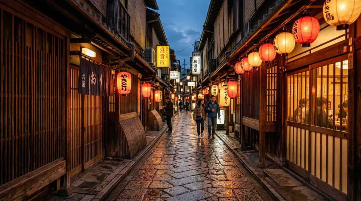 A narrow, stone-paved traditional Japanese alleyway at dusk, illuminated by
