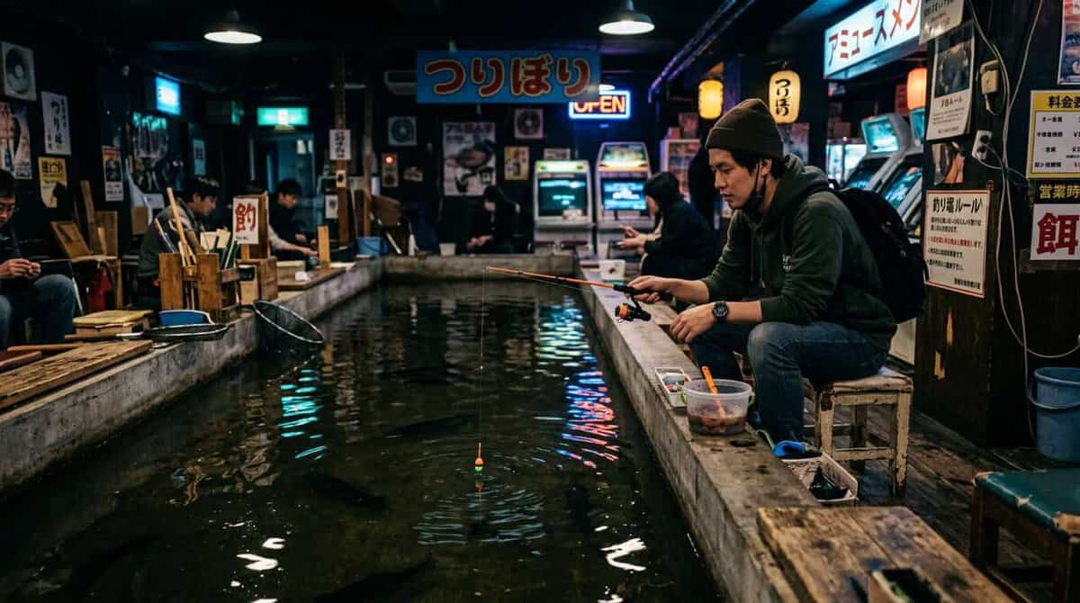The interior of a dimly lit Japanese game center basement,