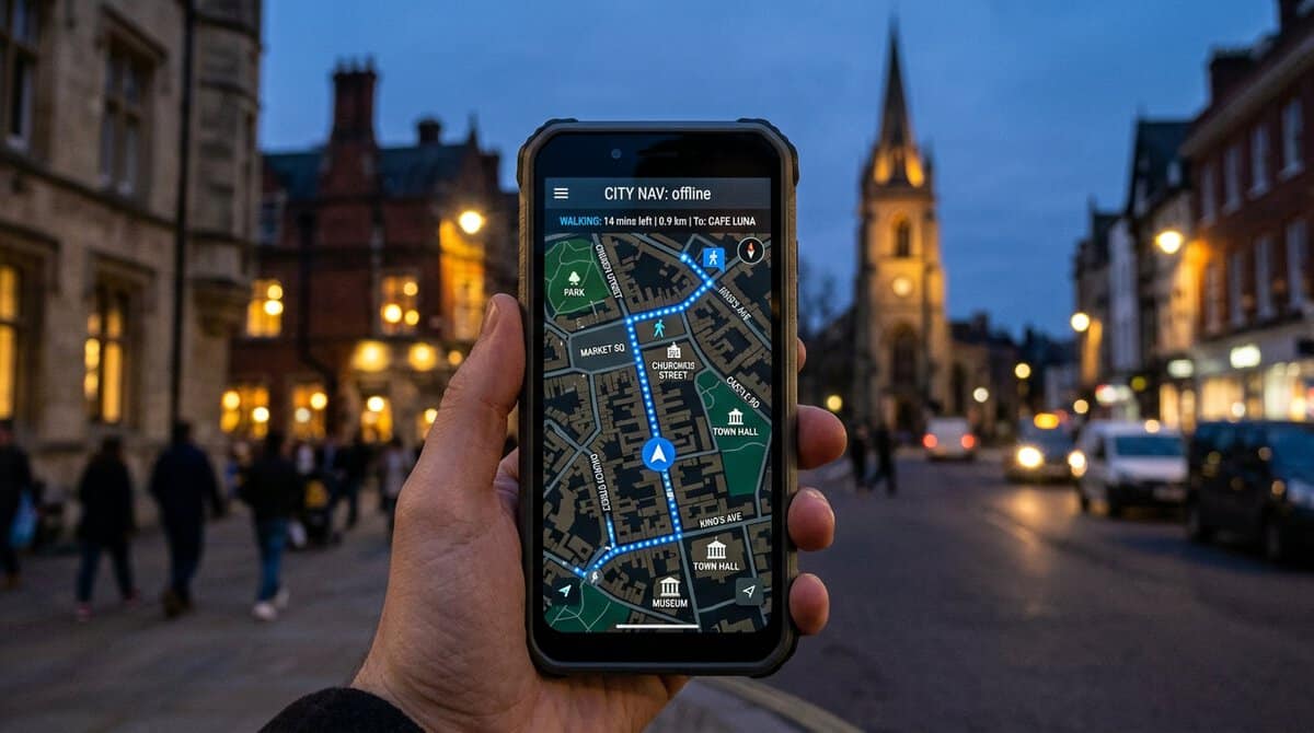 A close-up of a digital device showing an offline navigation