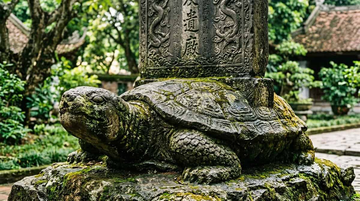 A close-up, high-detail photograph of a weathered stone turtle, showing