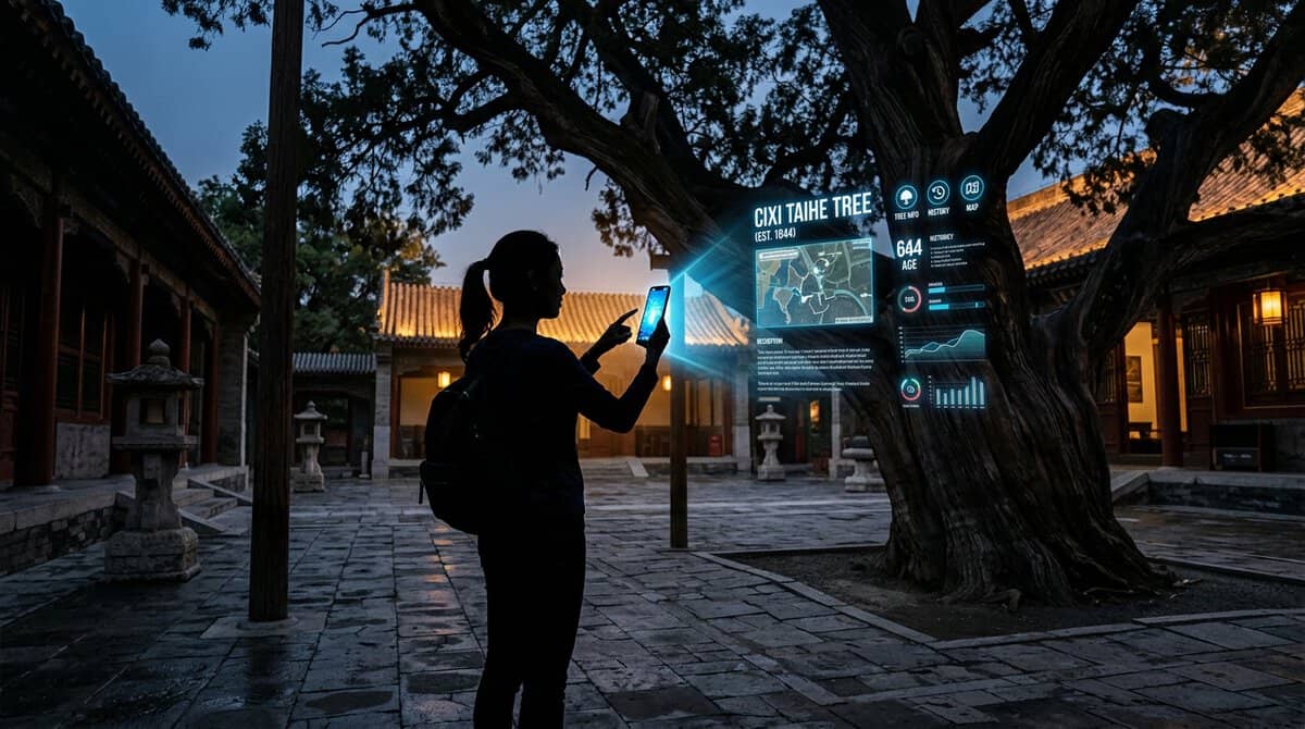 A silhouette of a visitor holding a smartphone interacting with