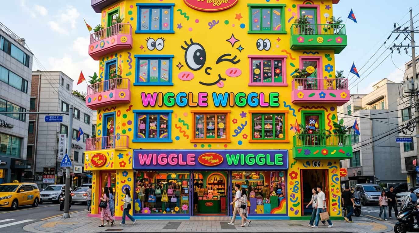 A vibrant, multi-story building facade painted in bright yellow and neon colors in Apgujeong