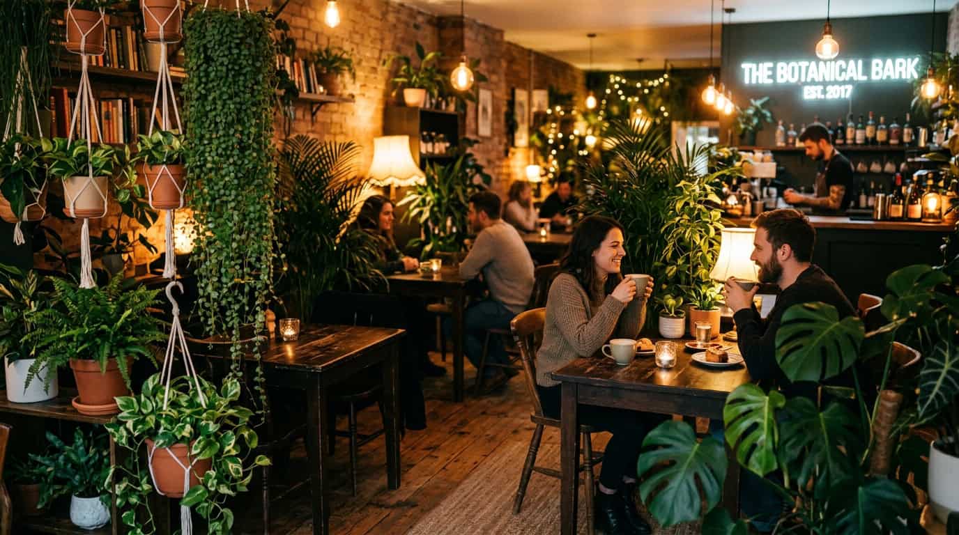 A cozy, dimly lit cafe interior in Apgujeong with dark wooden tables and warm lighting