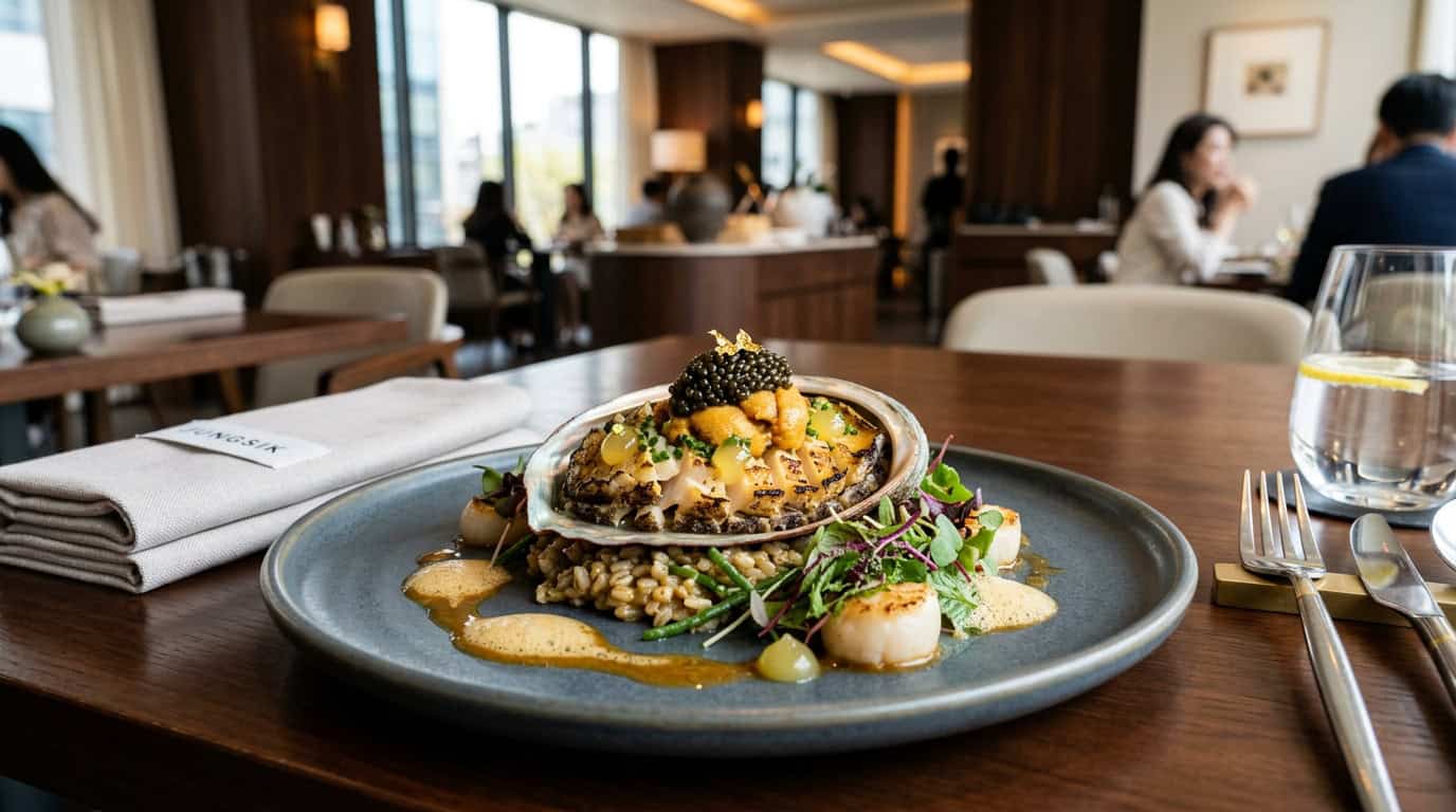 A high-end seafood dish served in a modern restaurant in Seoul
