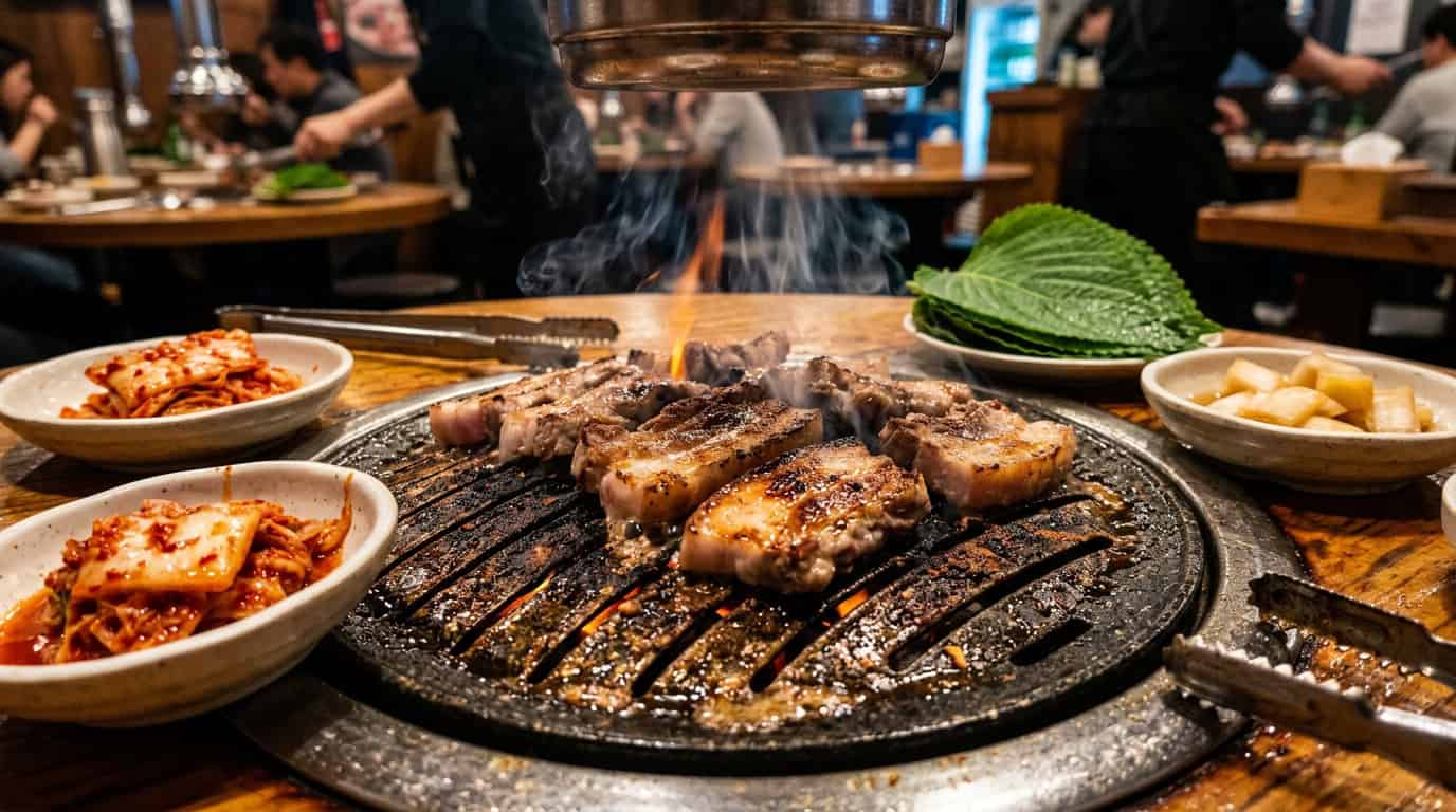 best Korean BBQ in Seoul pork belly sizzling on a charcoal grill