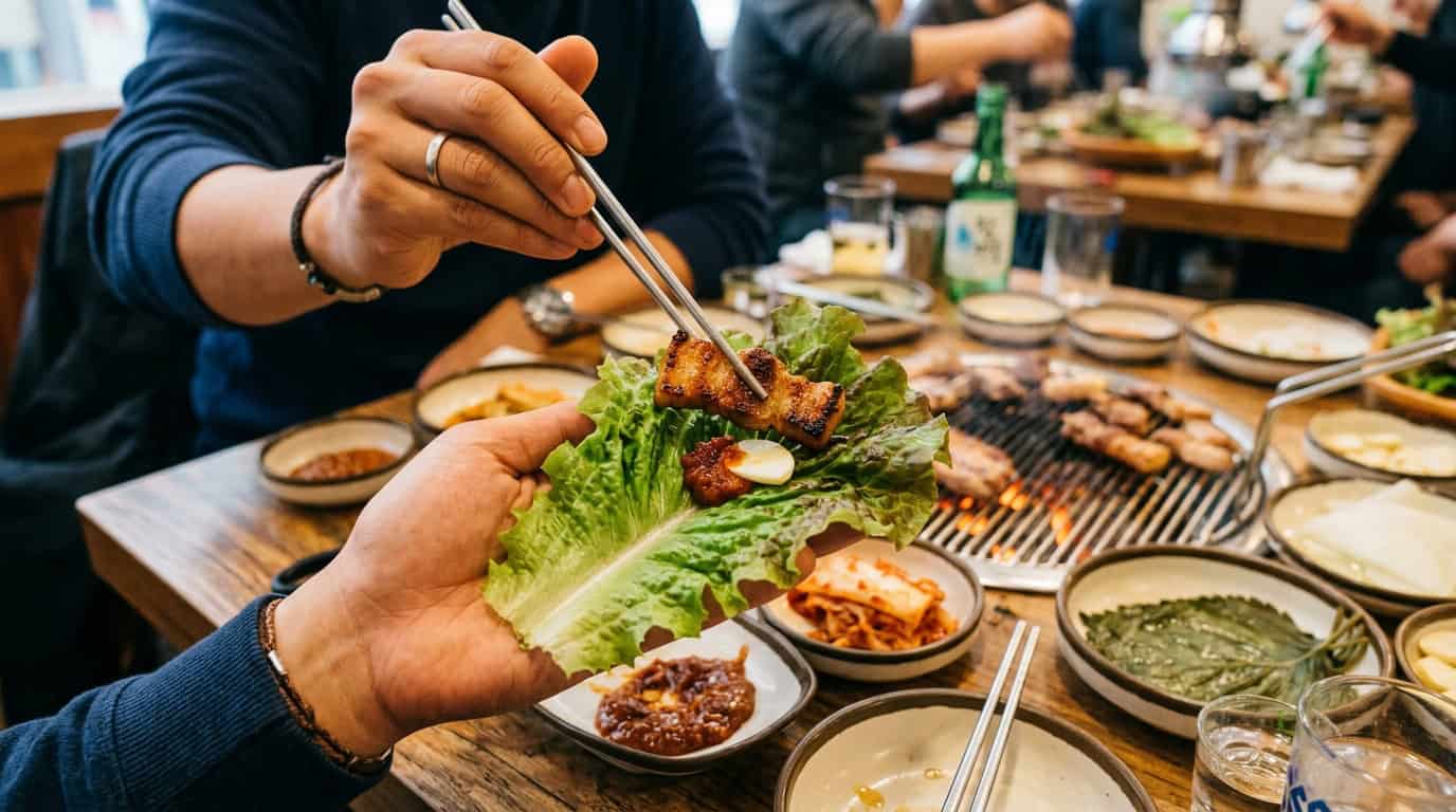 best Korean BBQ in Seoul ssam wrap technique with lettuce and grilled meat