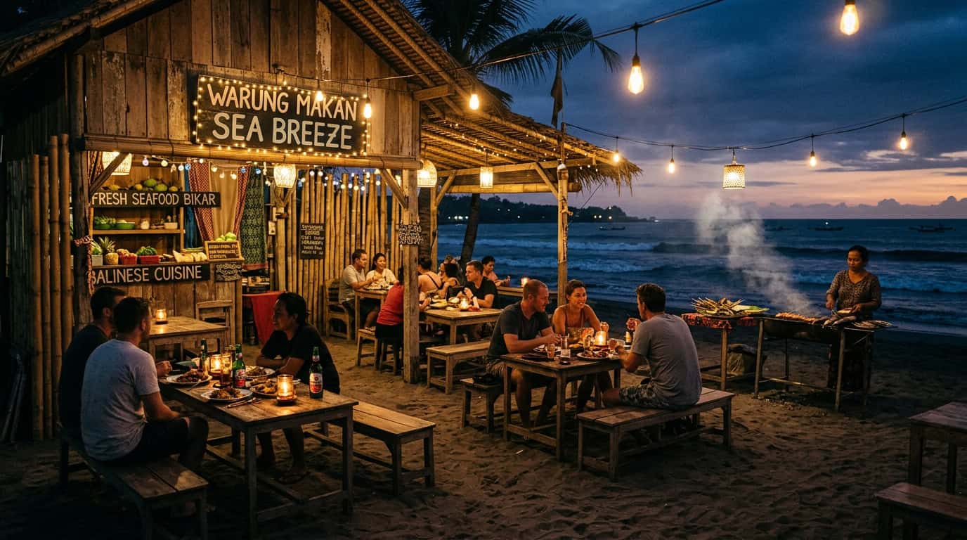 Gili Meno travel guide beachfront warung dining at sunset Indonesia