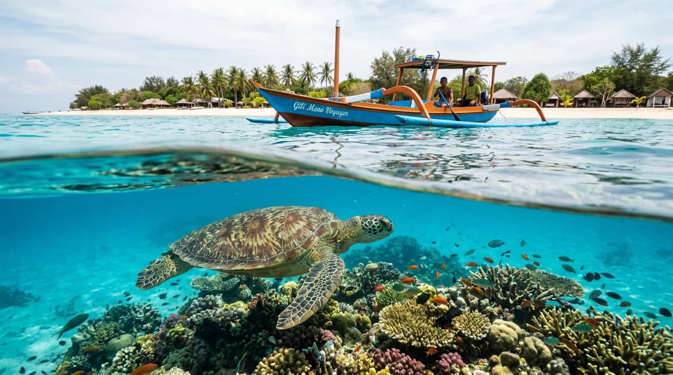 snorkeling with turtles in Gili Meno over under turtle photo