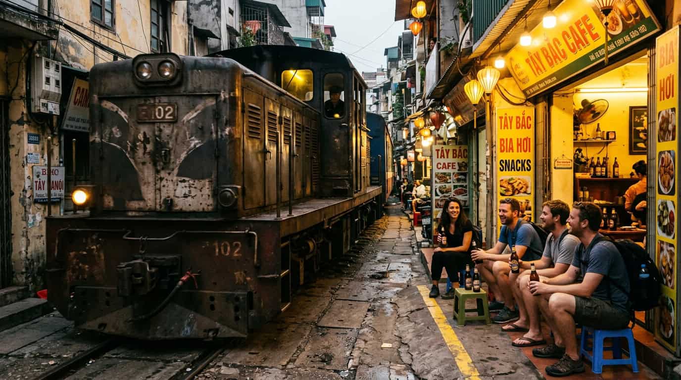 Hanoi 3 day itinerary train street scene with train passing close to cafes
