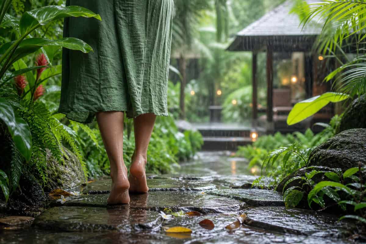 barefoot walking on wet tropical garden path in Phuket during rain slow travel experience
