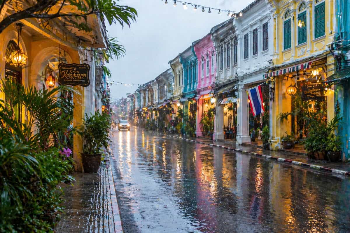 Phuket Old Town rainy street with colorful Sino-Portuguese buildings and wet reflective pavement during monsoon