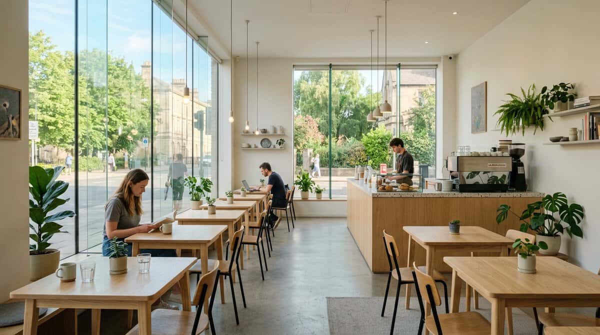 A bright, modern, minimalist coffee shop interior with floor-to-ceiling windows,
