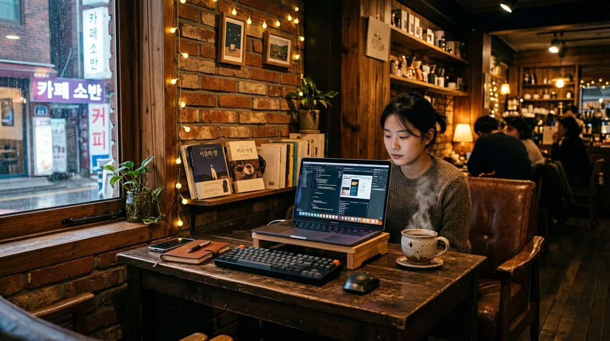 A cozy, dimly lit corner of a boutique coffee shop