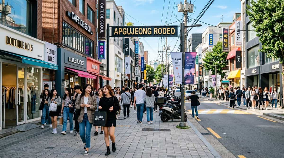 A vibrant, bustling sidewalk scene in the Apgujeong Rodeo district,