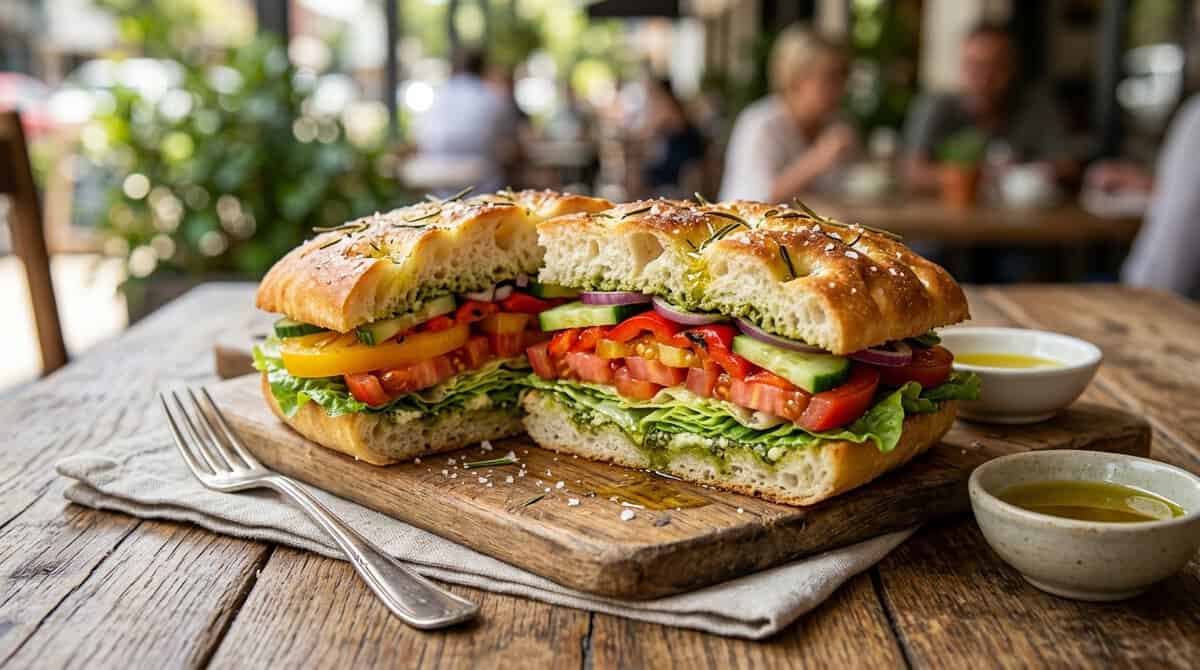 A close-up, high-quality shot of a freshly sliced focaccia sandwich