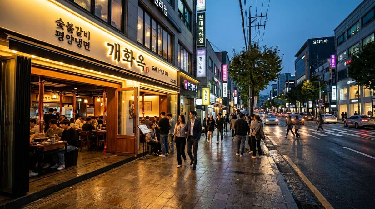 A wide-angle, atmospheric shot of the street in Apgujeong at
