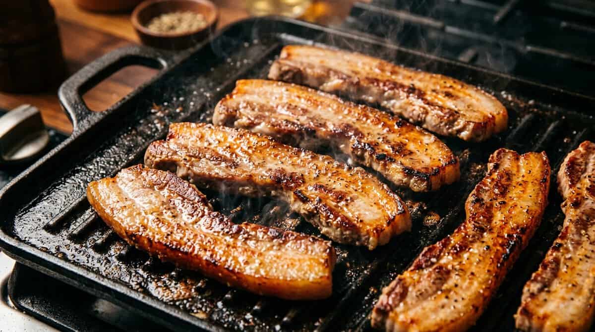 A vibrant, close-up shot of thick-cut pork belly strips sizzling
