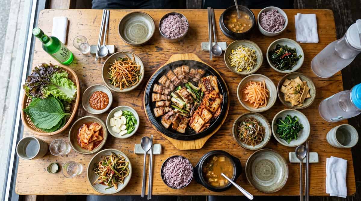 A high-angle, overhead shot of a wooden table featuring a