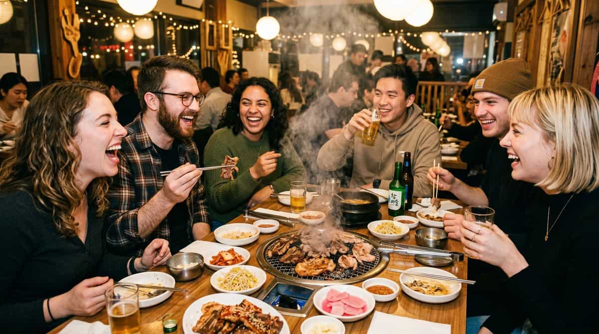 A candid, warm-toned photograph of a group of friends laughing