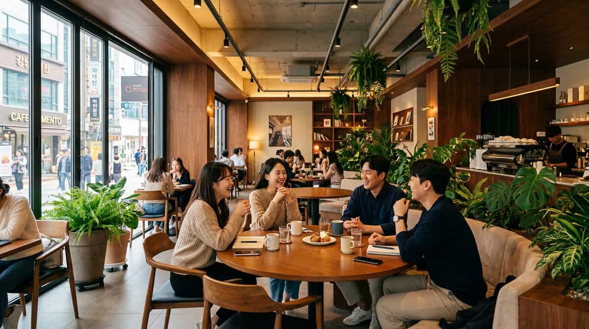 A sunlit, modern cafe interior in Gangnam, featuring wooden furniture,