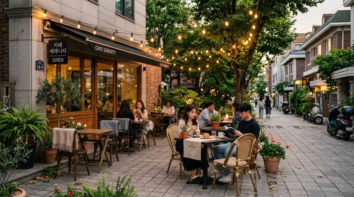 A quiet, stylish cafe terrace in a residential side street