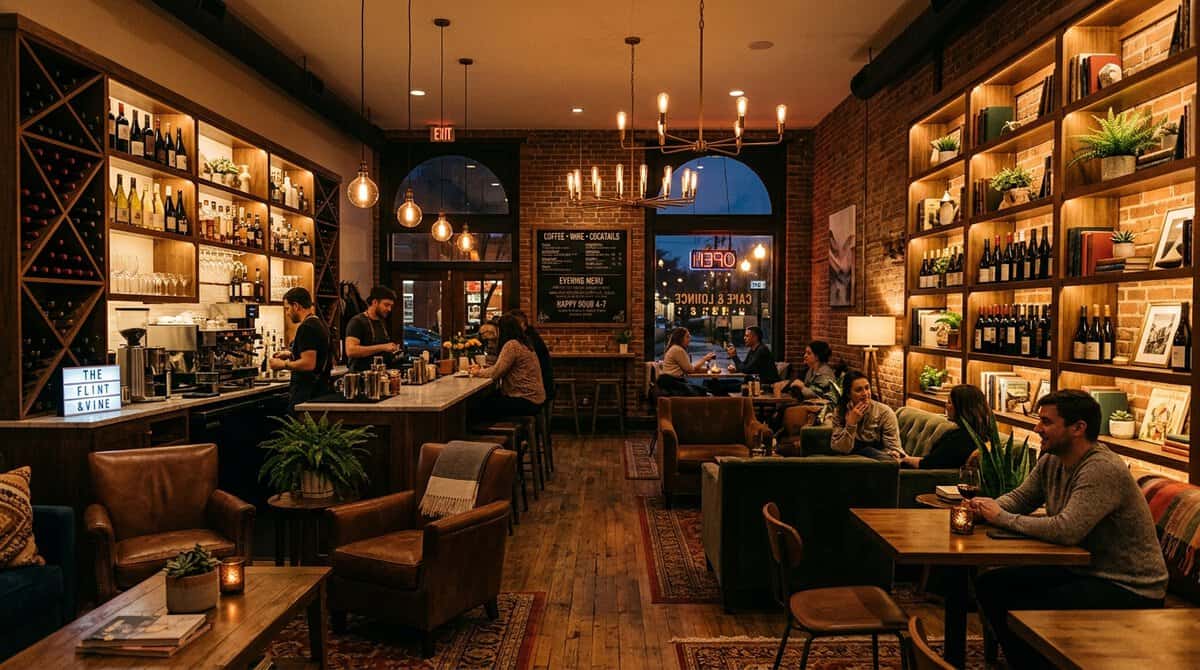 A stylish interior of a cafe that transitions from a